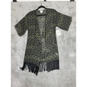 LulaRoe Indigo Rose Geometric Pattern Kimono With Fringe Small‎